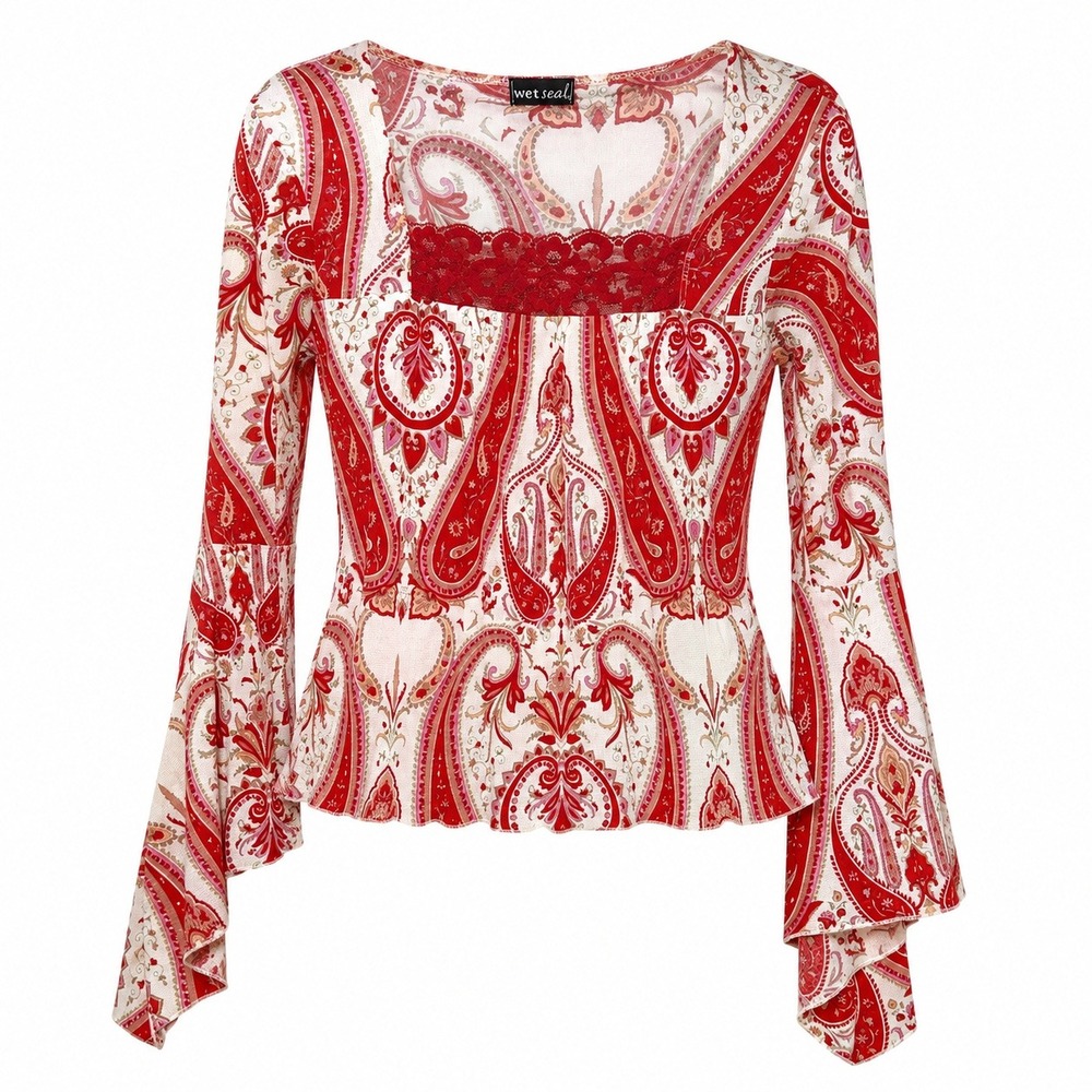 Wet Seal Y2K Boho Paisley Flare Sleeve Top Women Size Small Indie Sleaze Top